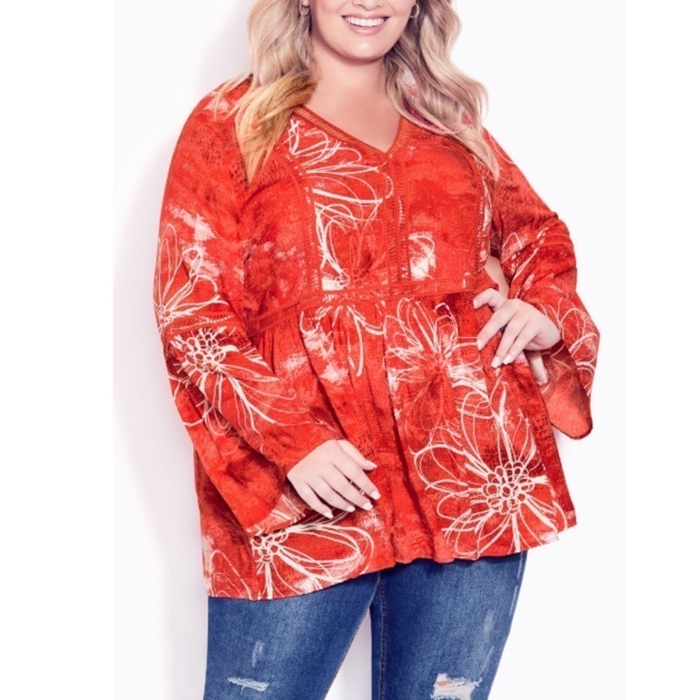AVENUE 18W-28W Coral Boho Bell Sleeve Top AA08.8 - Picture 3 of 8